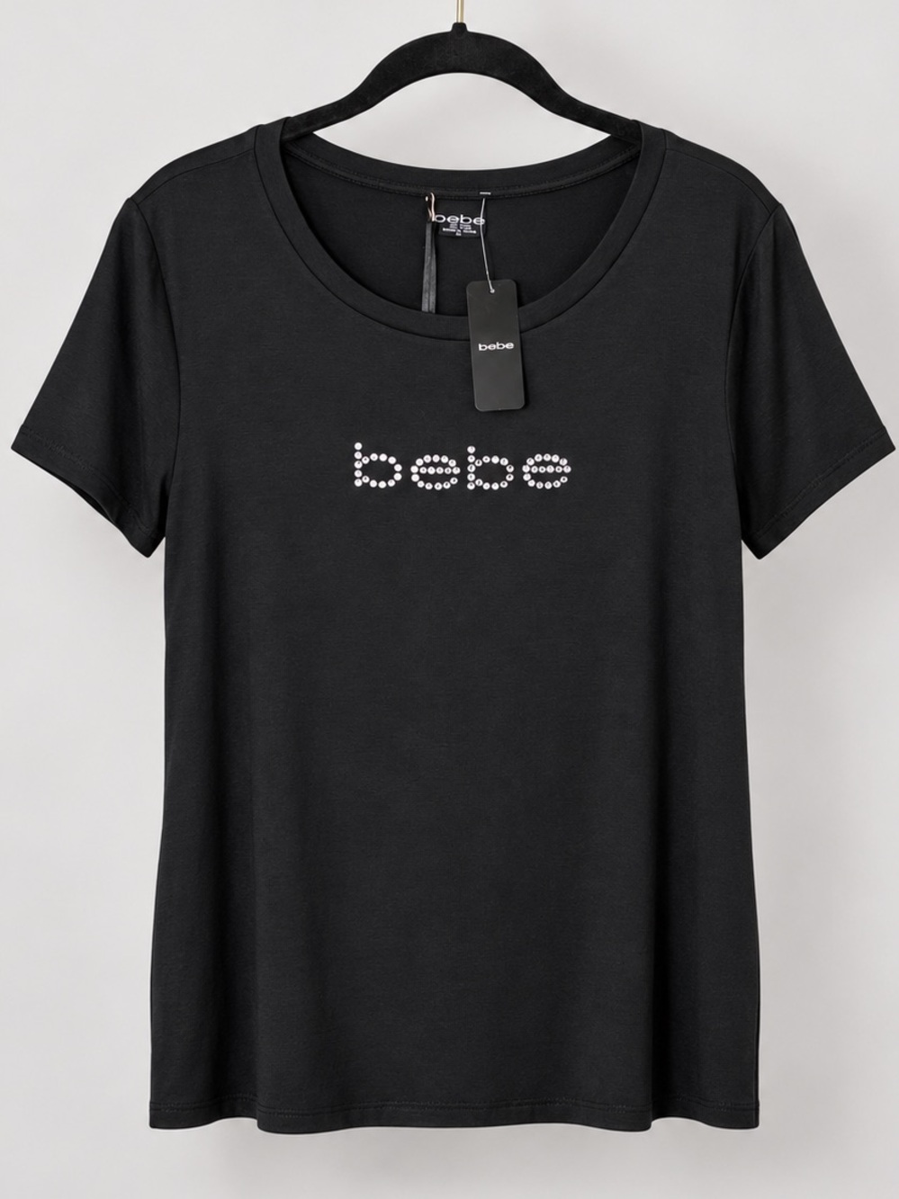 Bebe Black Rhinestone Logo Tee 1X Scoop Neck Short Sleeve Stretch Y2K Glam NWT